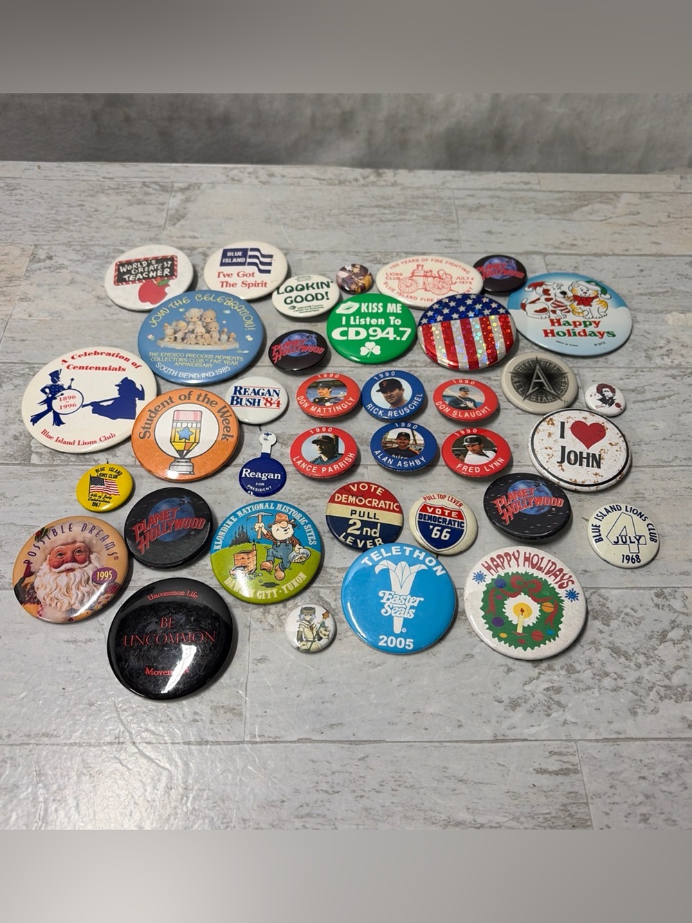 Vintage Pin Back Buttons Mixed Lot Humor Sports Political Advertising 35 Pins